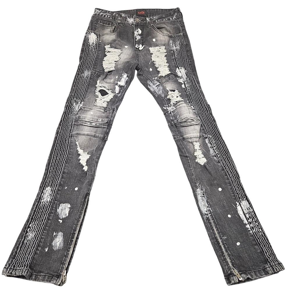 R.Sole Moto Jeans Mens 28x32 Black Distressed Paint Splatter Biker Streetwear